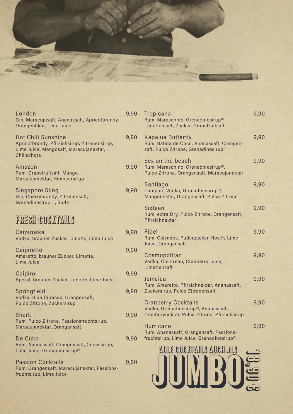 Santiago Speisekarte Seite 11: Coladas und Cachaca Cocktails